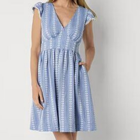 Peyton & Parker Embroidered Blue Short Flutter Sleeve Dress Women's Size M - Picture 1 of 10